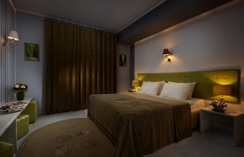 Все номера гостиницы выполнены в современном стиле, ванная комната оборудована теплыми полами и специальной ночной подсветкой