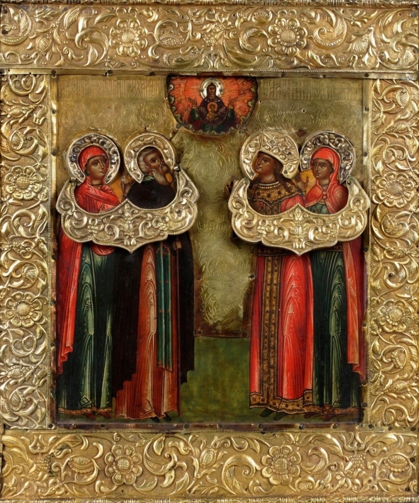 Икона «Избранные святые, предстоящие Богоматери Знамение» в драгоценном окладе (1650–1660-е годы)